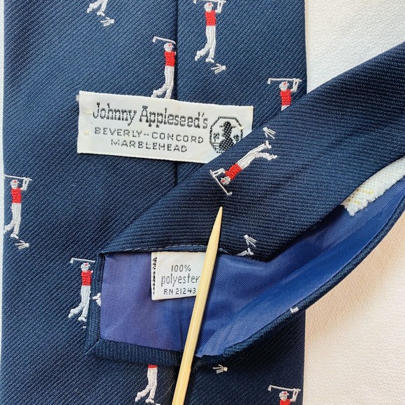 Johnny Appleseed’s Golf Motif Repp‎ Tie Navy Blue Prep Traditional Beverly Mass - Picture 6 of 7